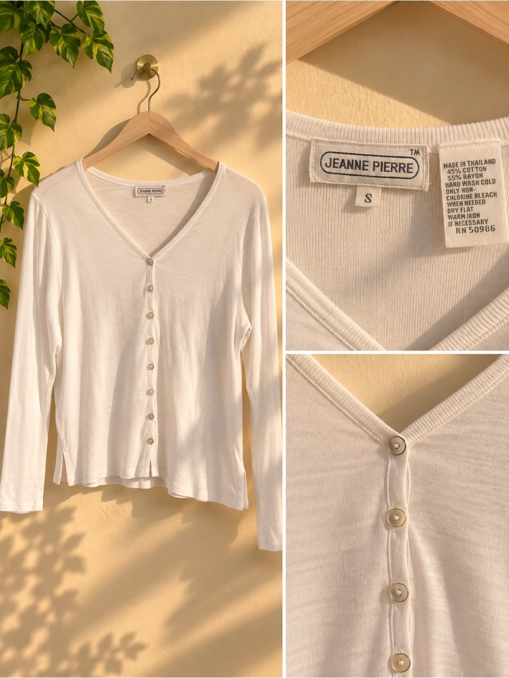 JEANNE PIERRE Cream V-Neck Button-Front Long Sleeve Top